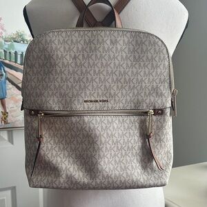 Michael Kors Beige Logo-Print Backpack with Brown Trim with Matching Wallet